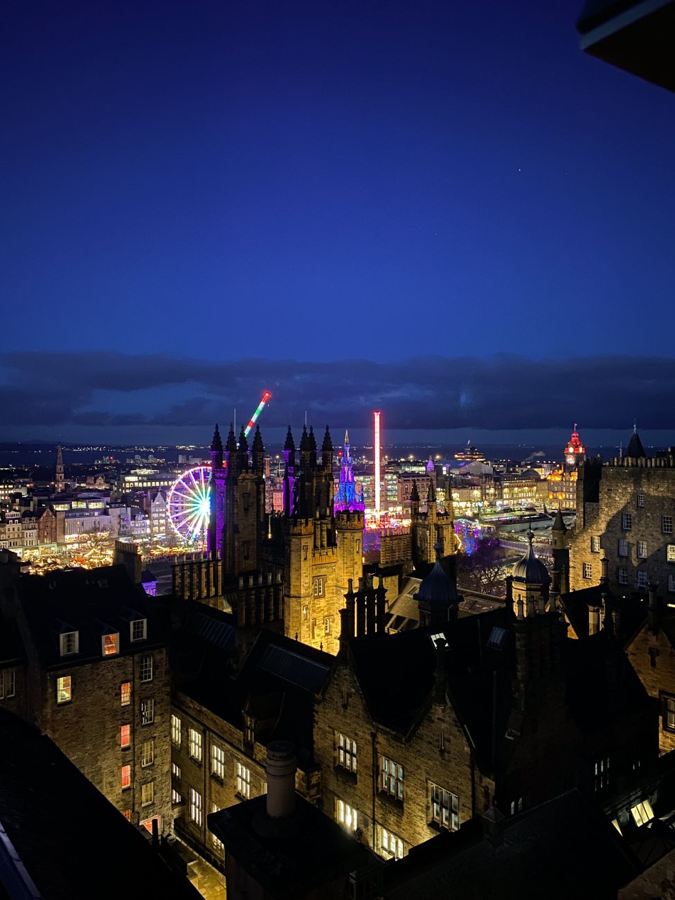 A night time view of Edinburgh city centre from the rooftop at Camera Obscura
