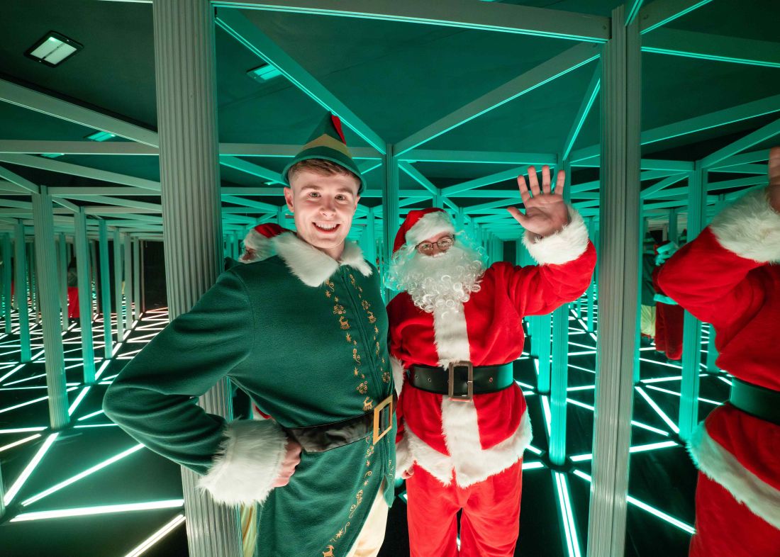 Elf and Santa in the Mirror Maze at Camera Obscura