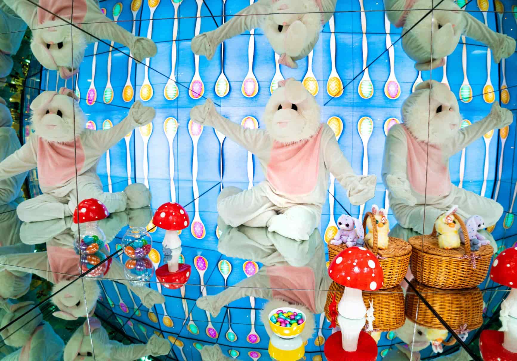 A giant Easter bunny site in a mirrored box at Camera Obscura 