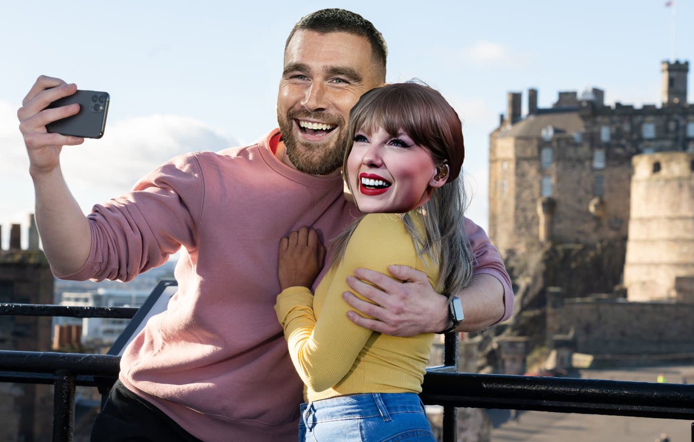 Photoshopped image with Taylor Swift and partners faces on top of other people standing on the rooftop at Camera Obscura