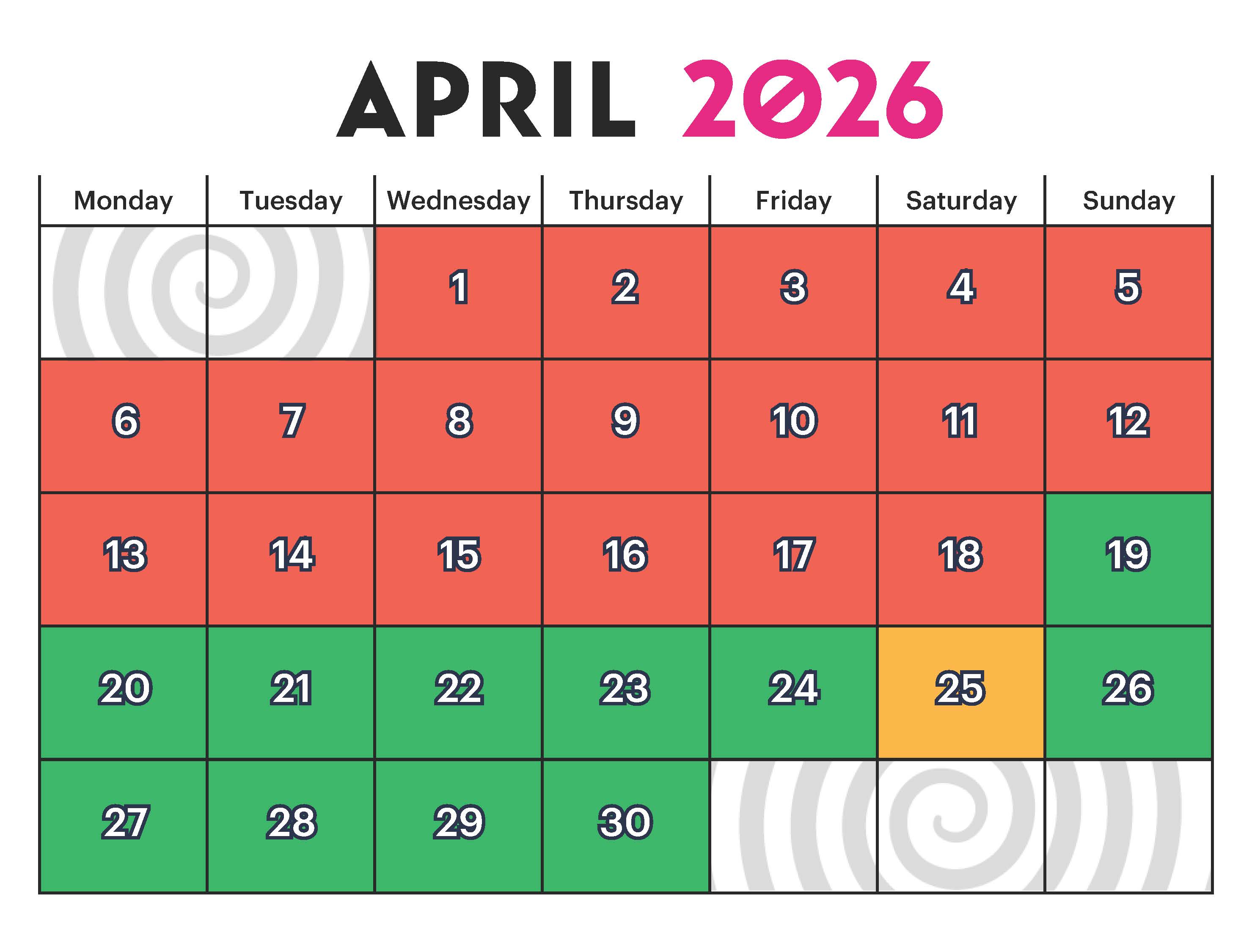 Group Booking Calendar April 2026