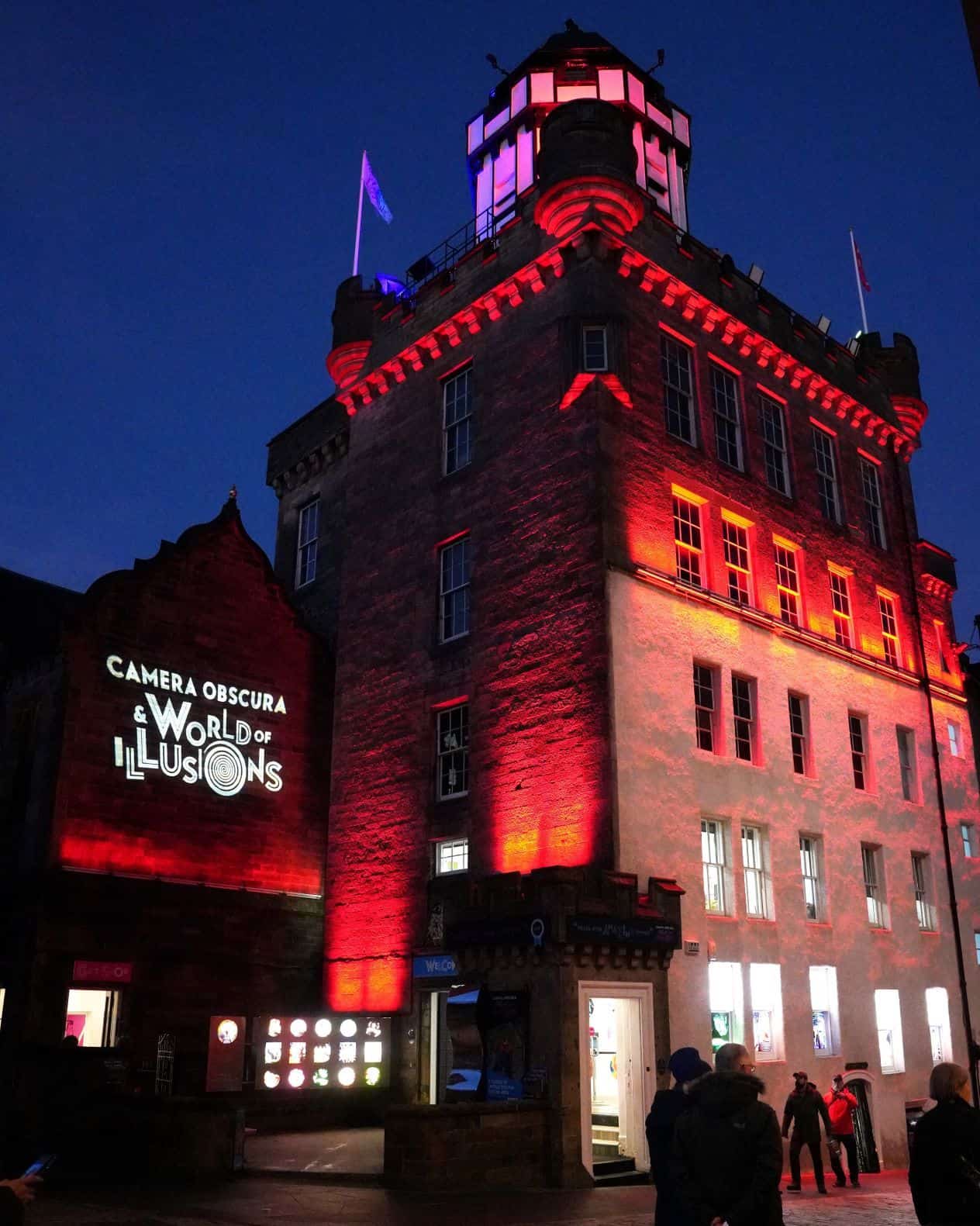 The exterior building at Camera Obscura with red lighting to celebrate Chinese New Year