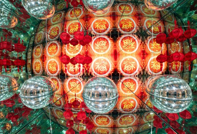 Chinese New Year red lanterns in mirrored box at Camera Obscura
