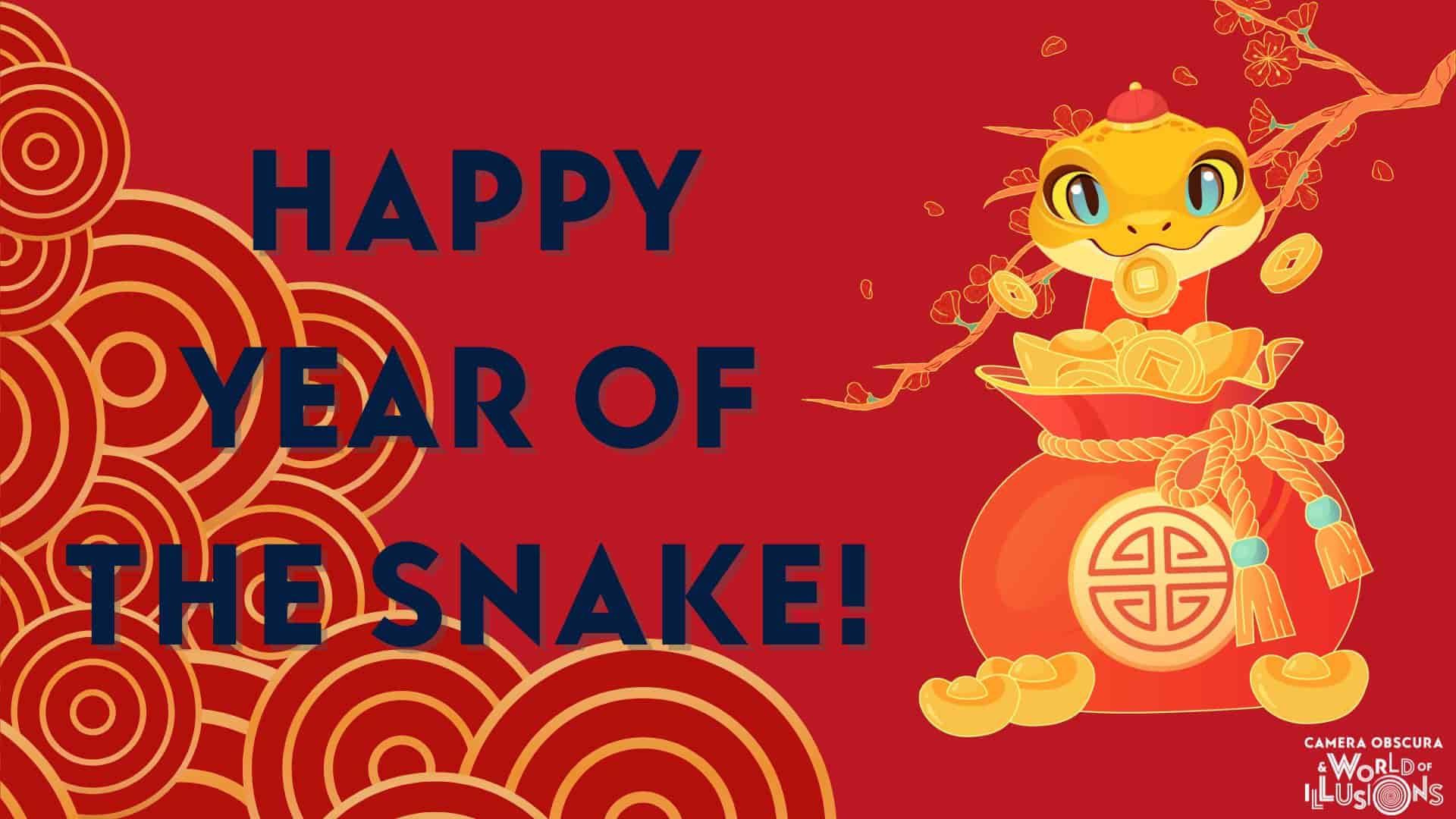A red image with a picture of a golden snake and the text Happy Year of the Snake