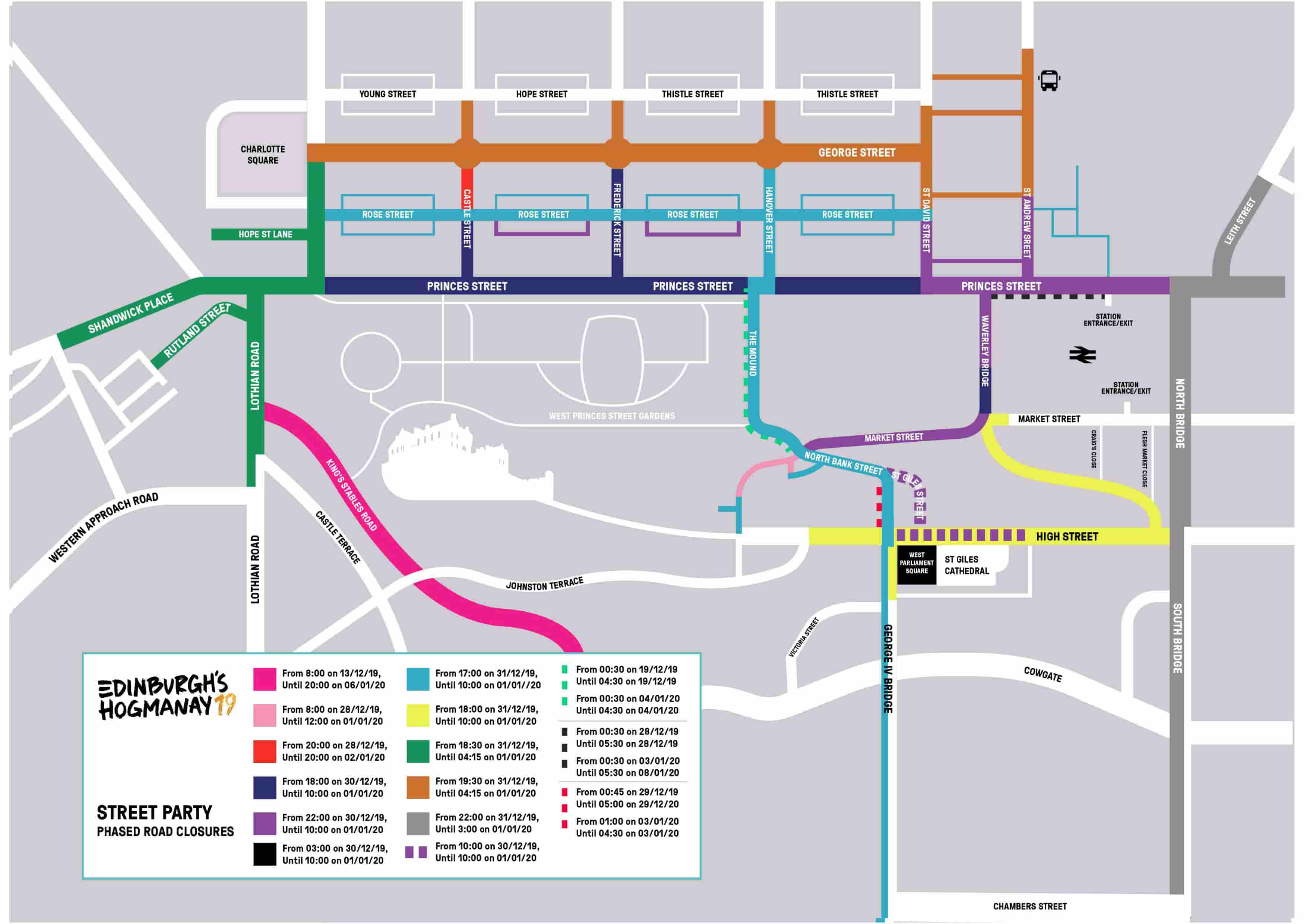 A map of the streets which are part of Edinburgh's New Year party 2019