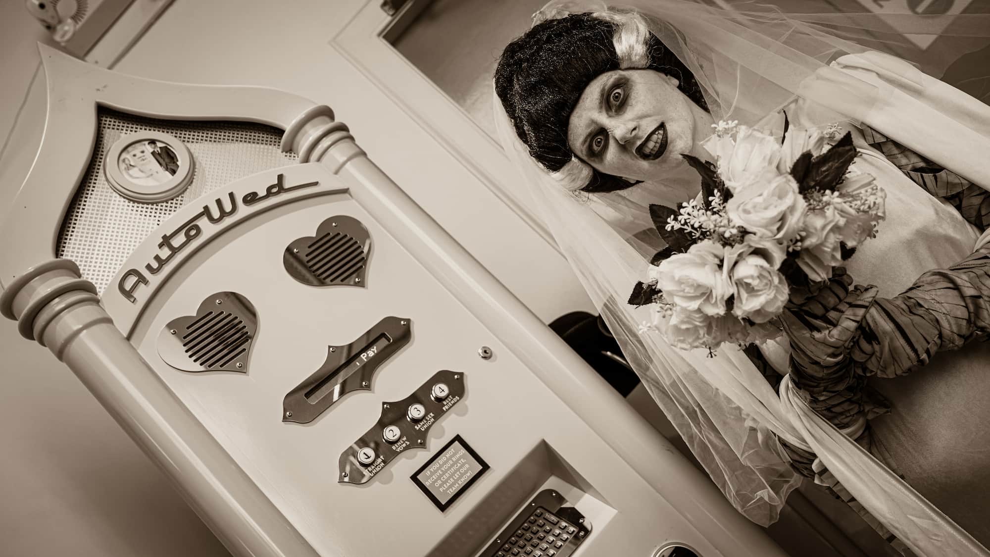 Frankenstein Bride at the AutoWed machine at Camera Obscura for Halloween 2025