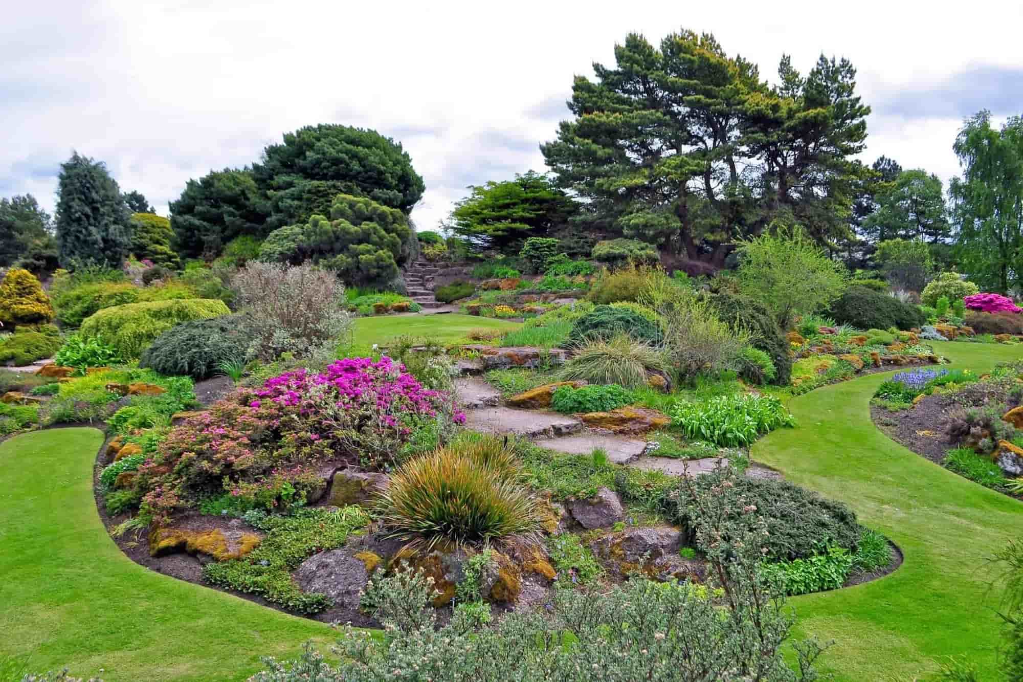 Flowers, trees and green grass at the Royal Botanic Gardens in Edinburgh 