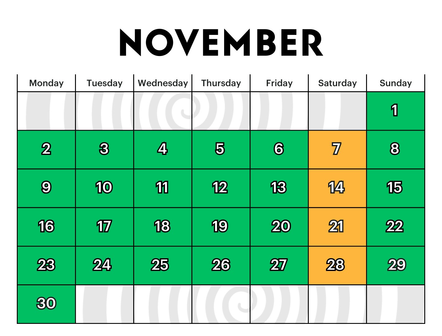 Group Booking Calendar November 2026