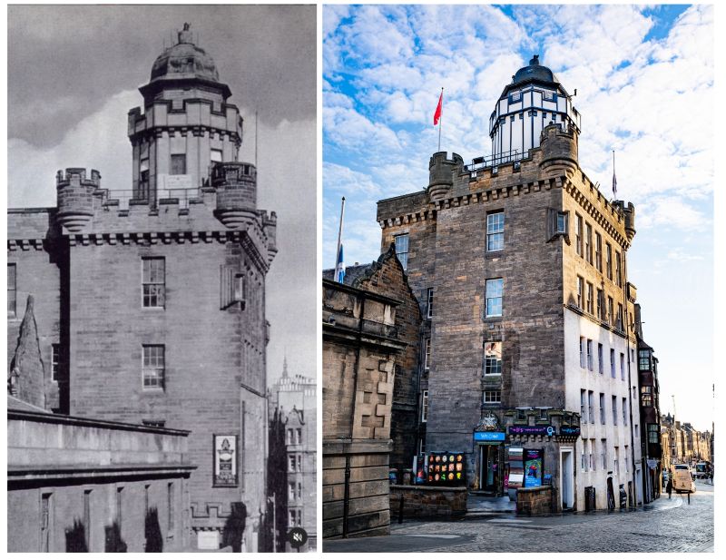 Historic black and white image of the Outlook Tower and the Tower as it is today