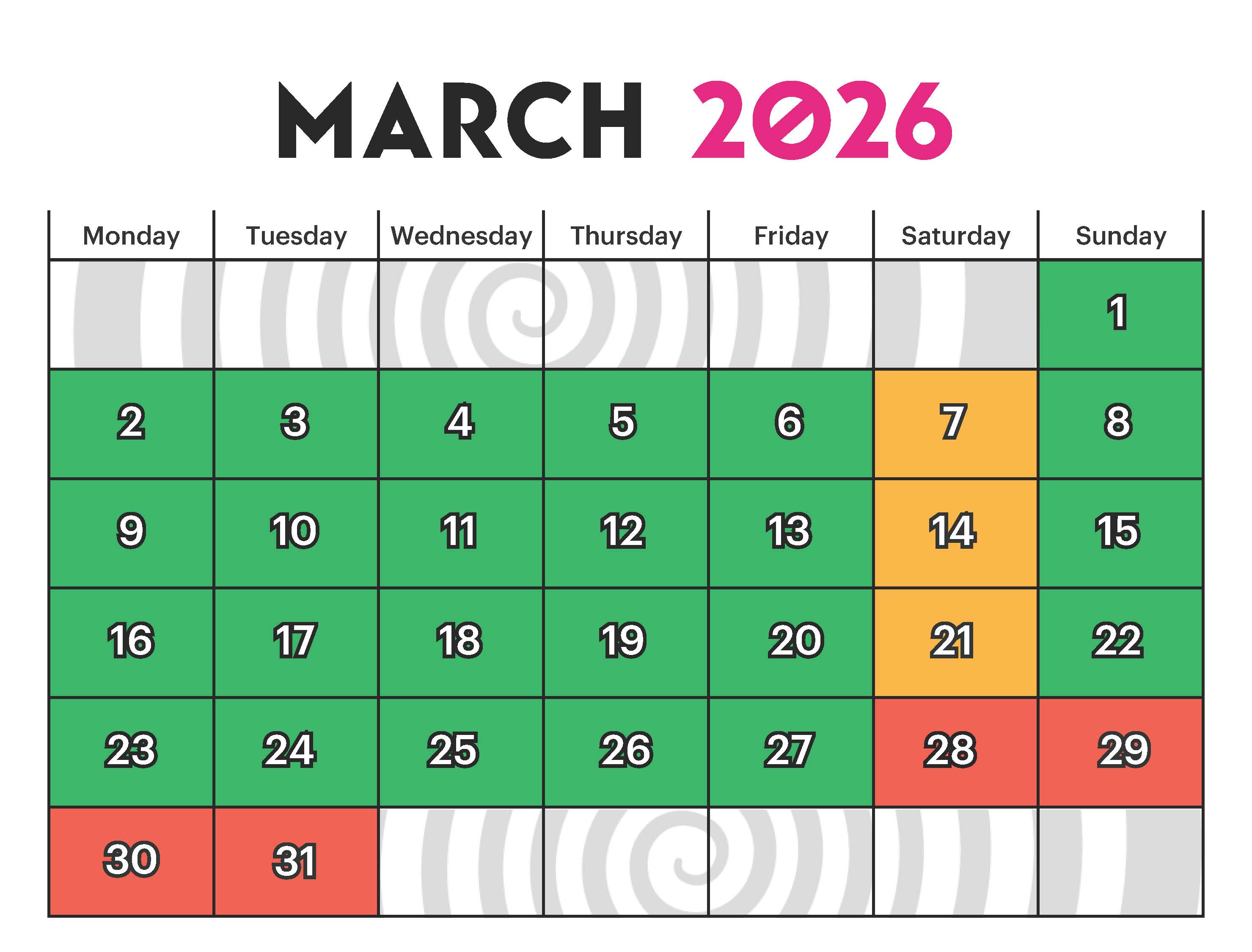 Group Booking Calendar March 2026
