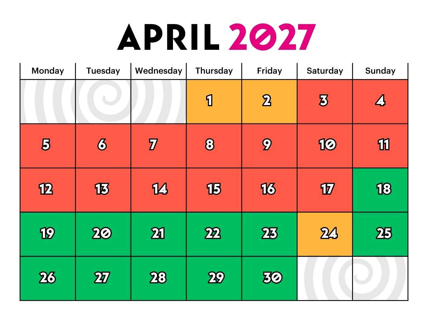 Group Booking Calendar April 2027