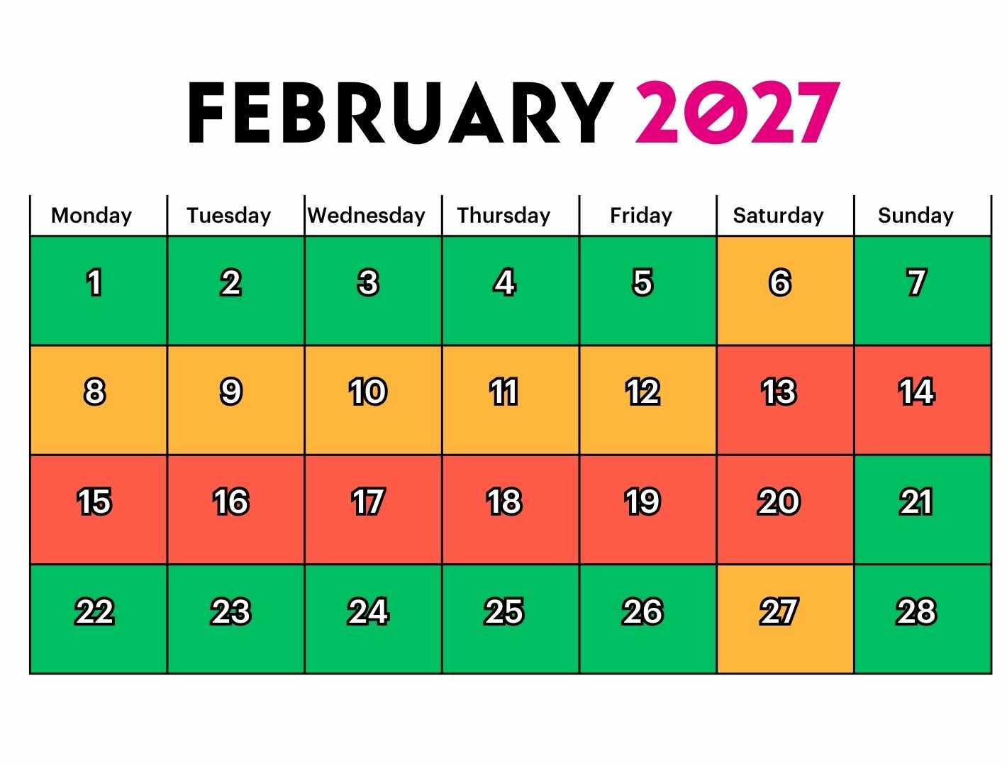 Group Booking Calendar February 2027