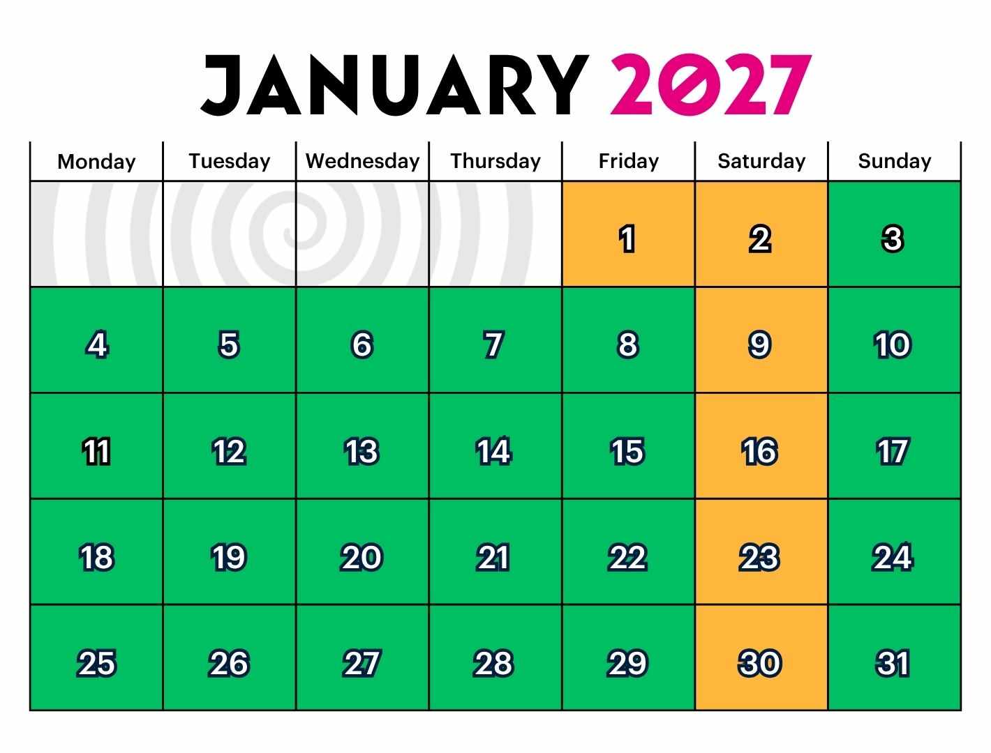 Group Booking Calendar January 2027 for Camera Obscura 