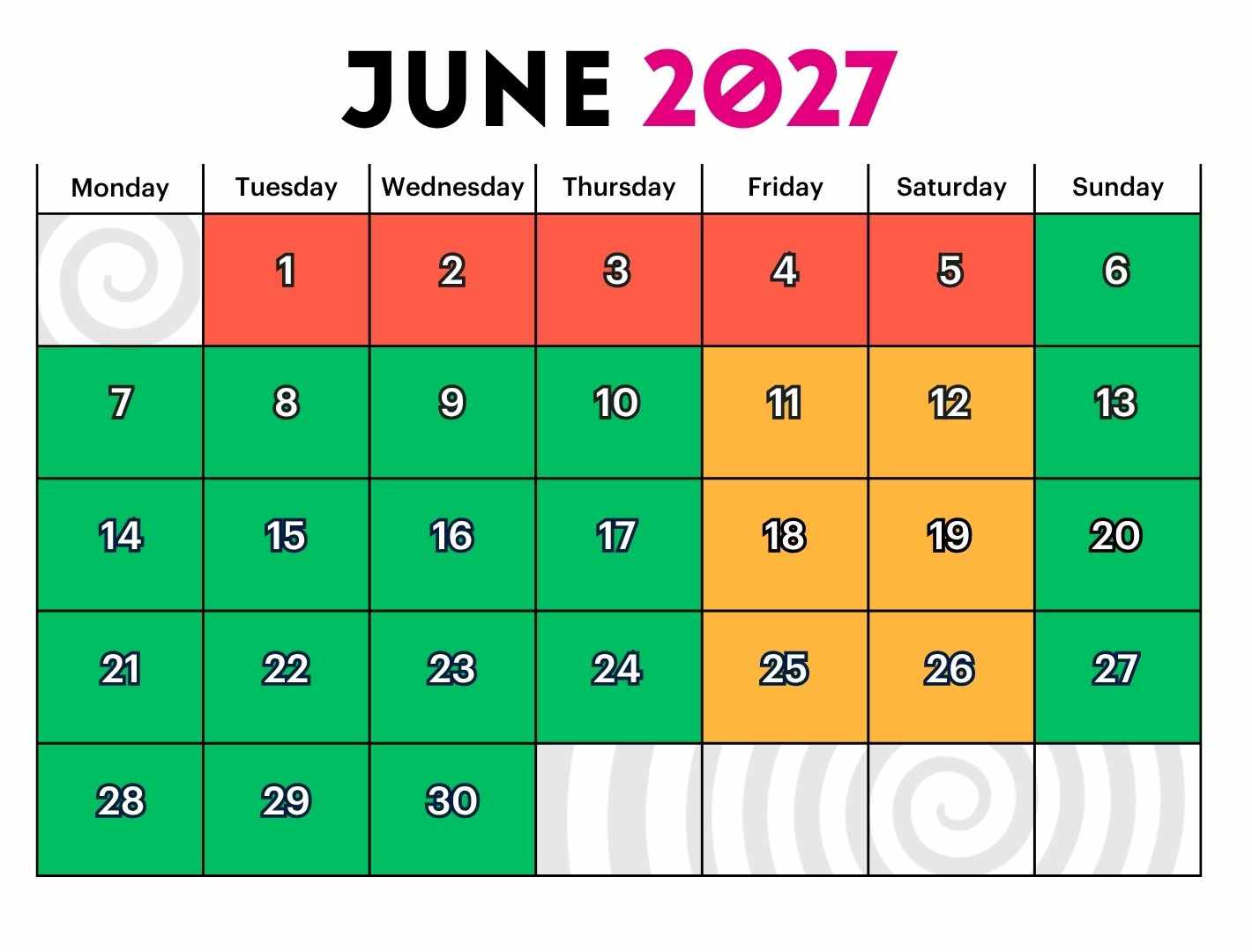 Group Booking Calendar December 2027