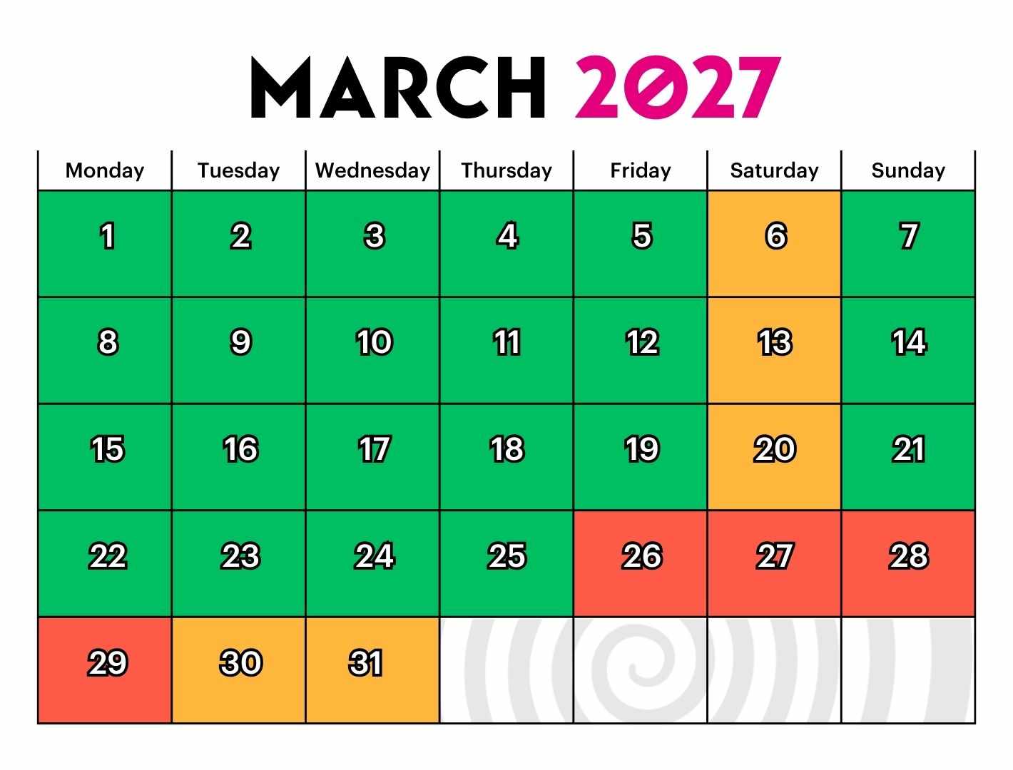Group Booking Calendar March 2027