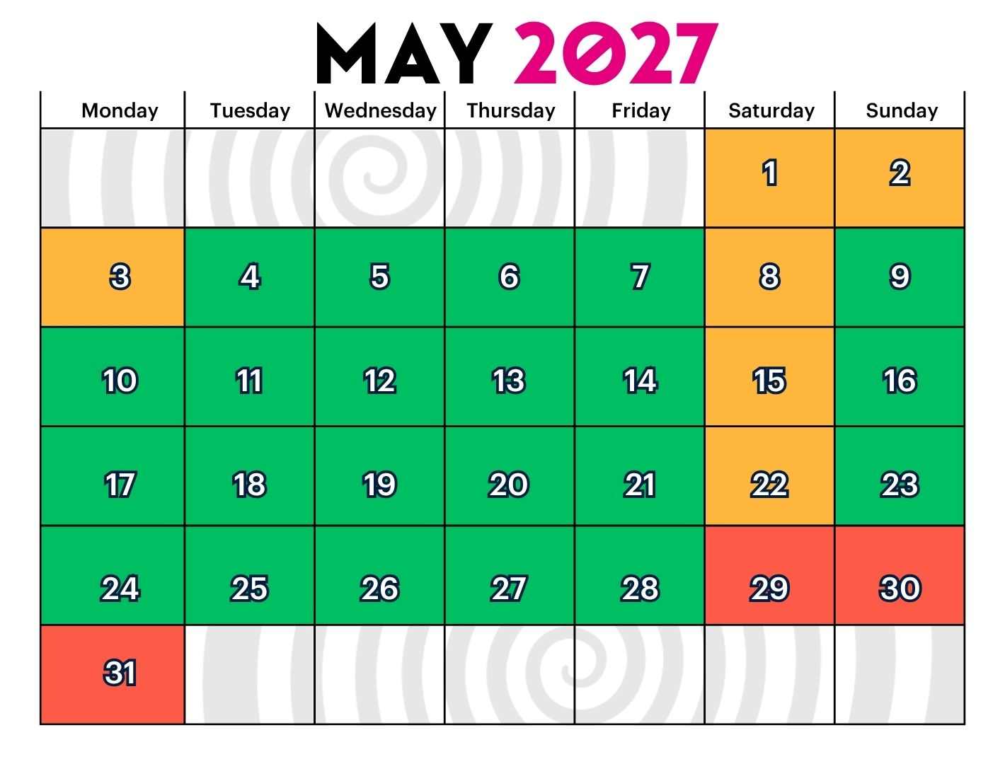 Group Booking Calendar May 2027
