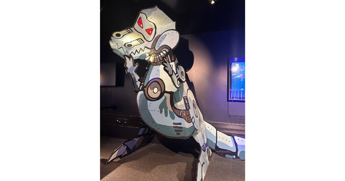 A large robot dinosaur illusion exhibit at Camera Obscura Edinburgh