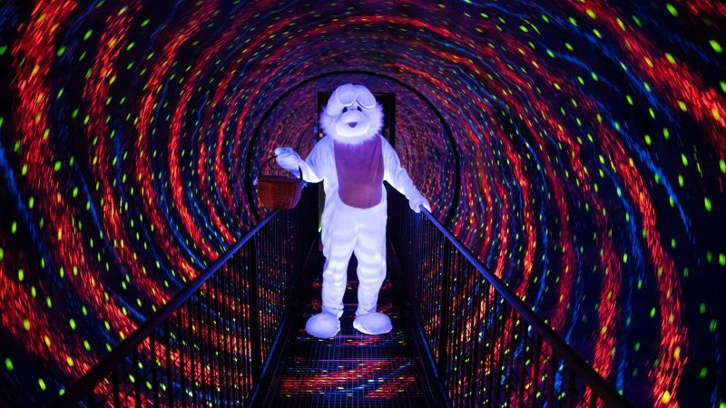 The Easter Bunny stands in the Vortex Tunnel at Camera Obscura