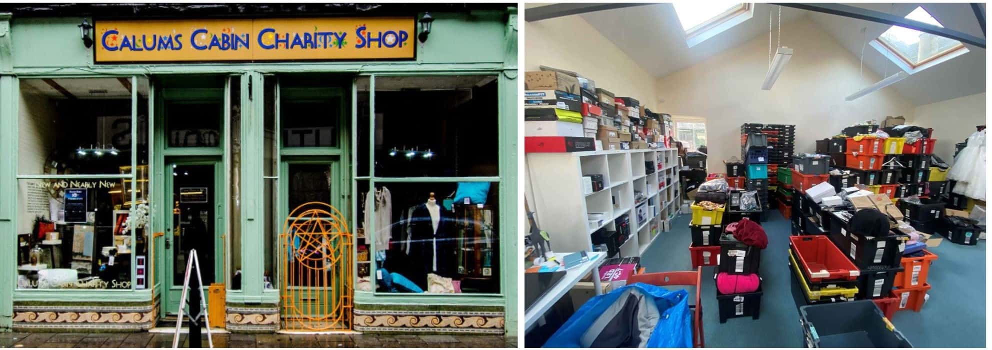 Calum's Cabin Charity shop exterior and interior 