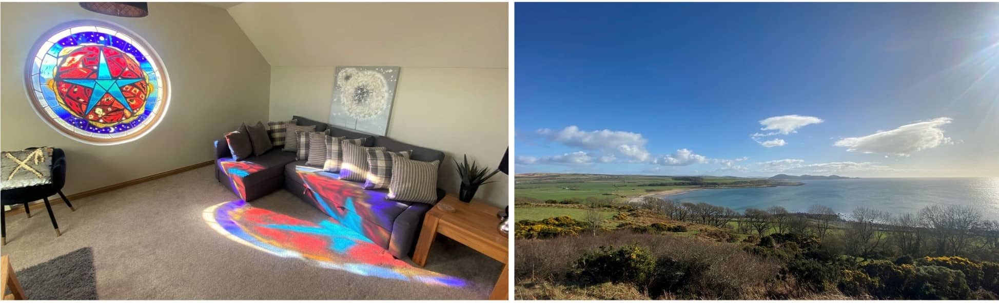 The inside of a cabin and the view outside of Calum's Cabin