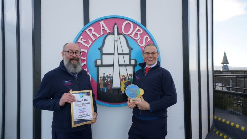 Tony Millar and Andrew Johnson of Camera Obscura with the Living Wage Winning Award 2023